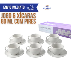 Jogo 6 Xícaras Chá Café 80ml com Pires Cerâmica Off White Moderna Mesa Posta Cappuccino Cafeteria
