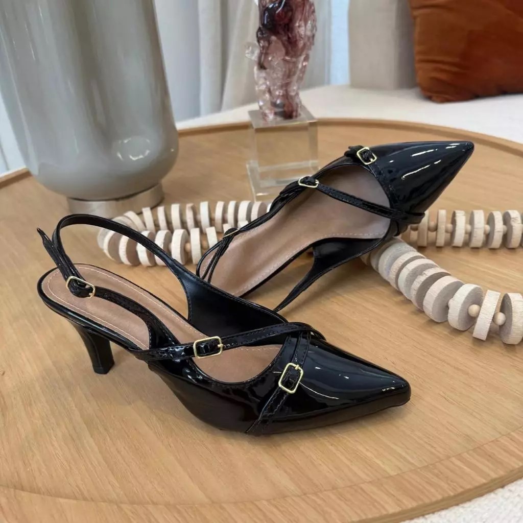 Sapato Feminino Scarpin Social Slingback Bico Fino Salto Fino Baixo Fivelas Confortável MOMOCalçados