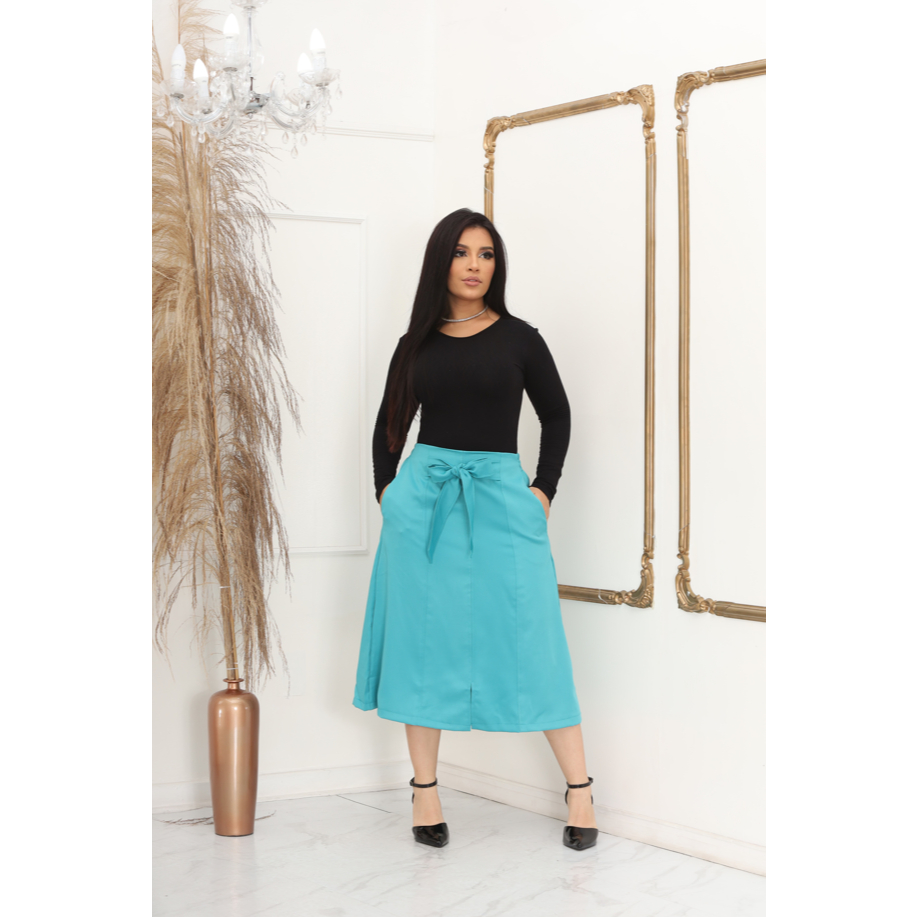 Saia Midi Tecido Sensorial Premium com Bolso e Amarração Laço Moda Evangélica Escritorio Executiva em Oferta na Shopee