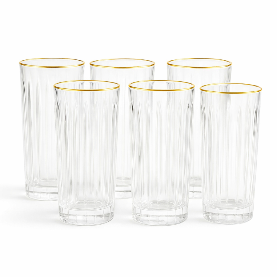 Jogo 6 Copos Altos Com Borda Dourada Em Vidro 370ml Bebidas