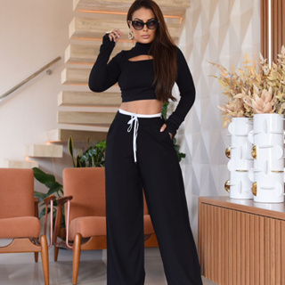 Calça Pantalona Feminina Modelo Virgínia Linhocel Cós Duplo Bolso Faca em Oferta na Shopee