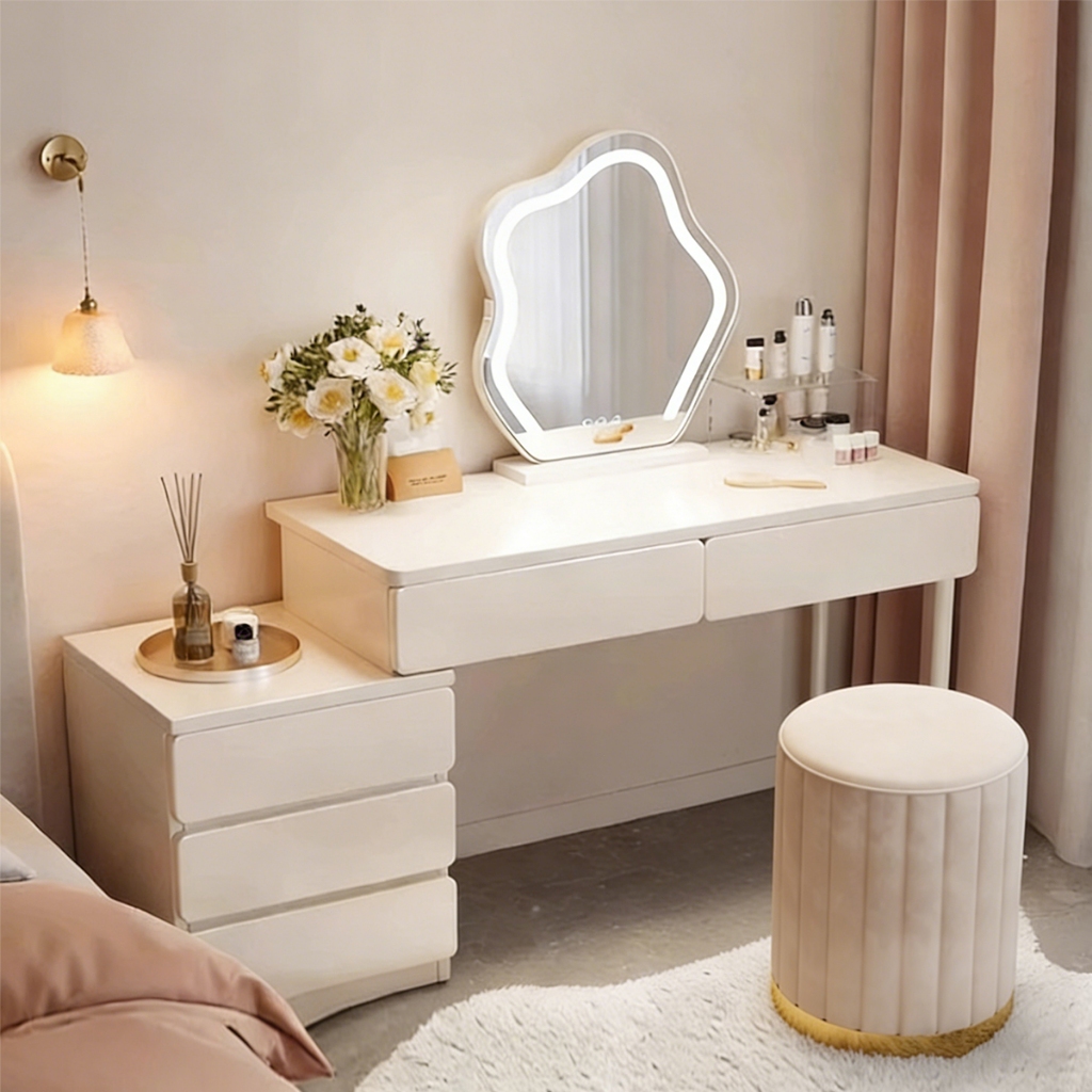 Penteadeira com Espelho LED Multifuncional com Criado-Mudo e 5 Gavetas