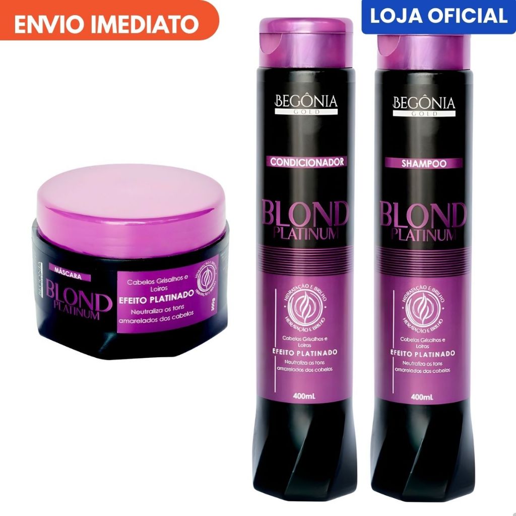 Kit Blond Platinum Matizador Begônia Gold Shampoo Condicionador e Mascara