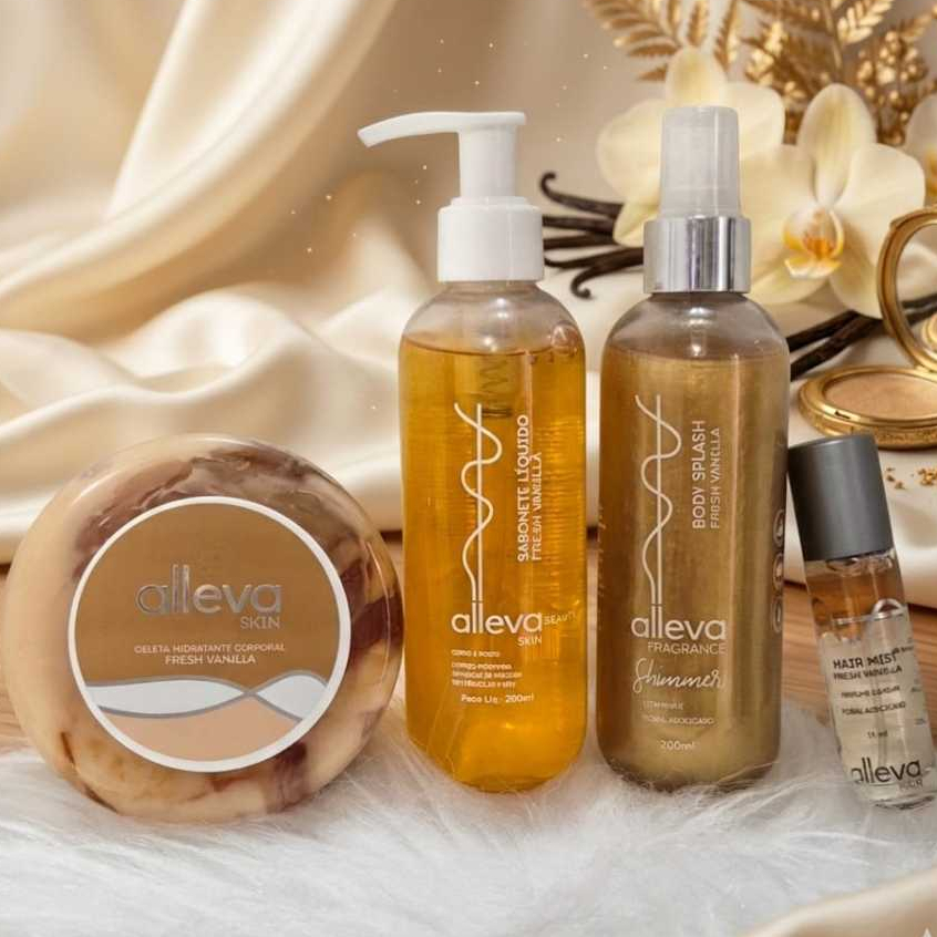 Kit Alleva Fresh Vanilla (Sabonete Líquido,Geleia Hidratante,Perfume Capilar,body splash))