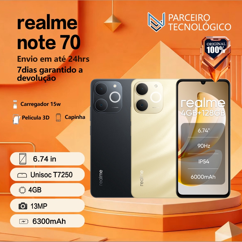 Realme Note 70 4G, Versão Global, 4+128GB RAM, Processador Unisoc T7250