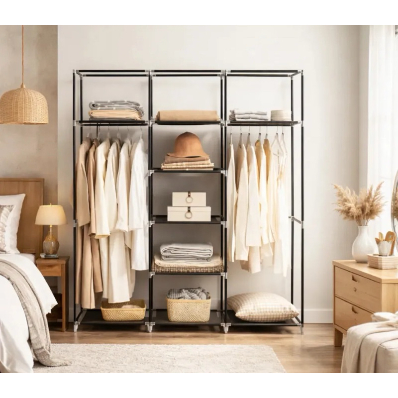 Guarda Roupa Desmontável Dobrável Aberto e Arara Organizador Closet Roupas e Sapatos 3 Prateleiras