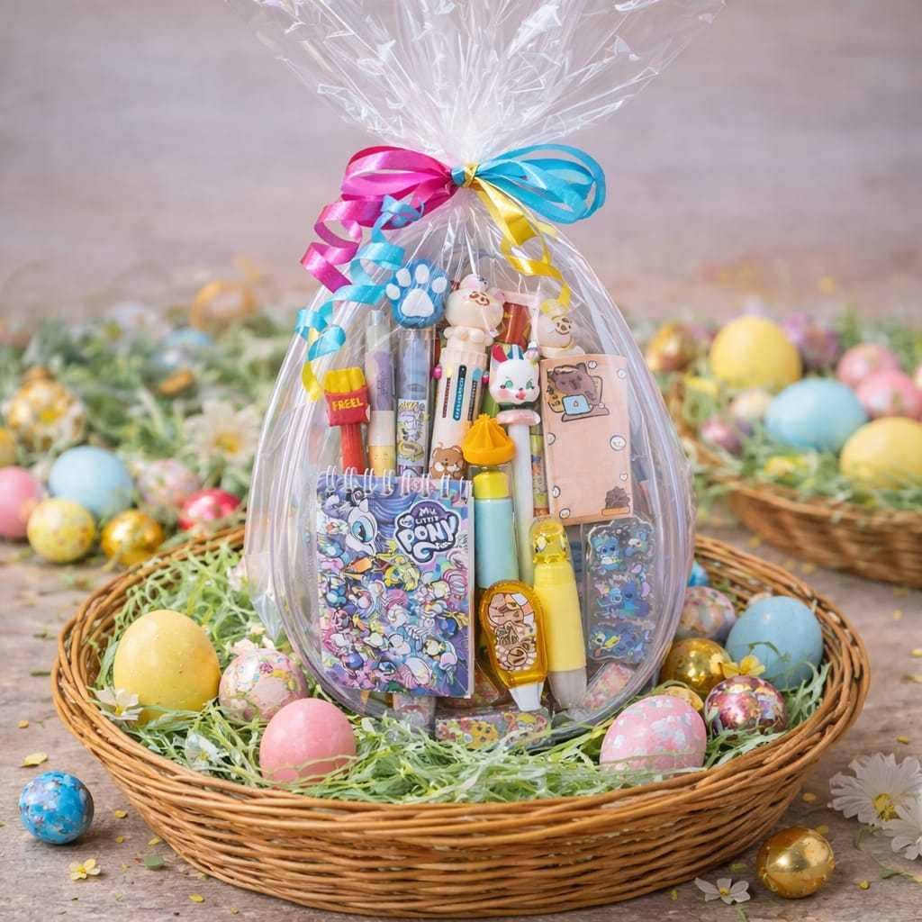 Kit 20 Itens Papelaria Fofa No Ovo De Páscoa Blister Recheado Com Caneta Adesivo Bloco De Notas Mimos Kawaii Personagem