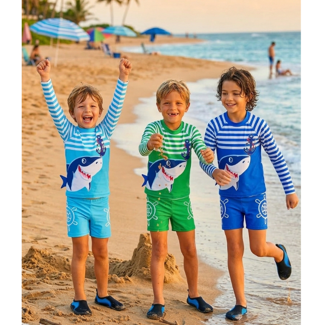 Conjunto Natação Menino Camiseta e Sunga Boxer Proteção UV 50 Praia Piscina