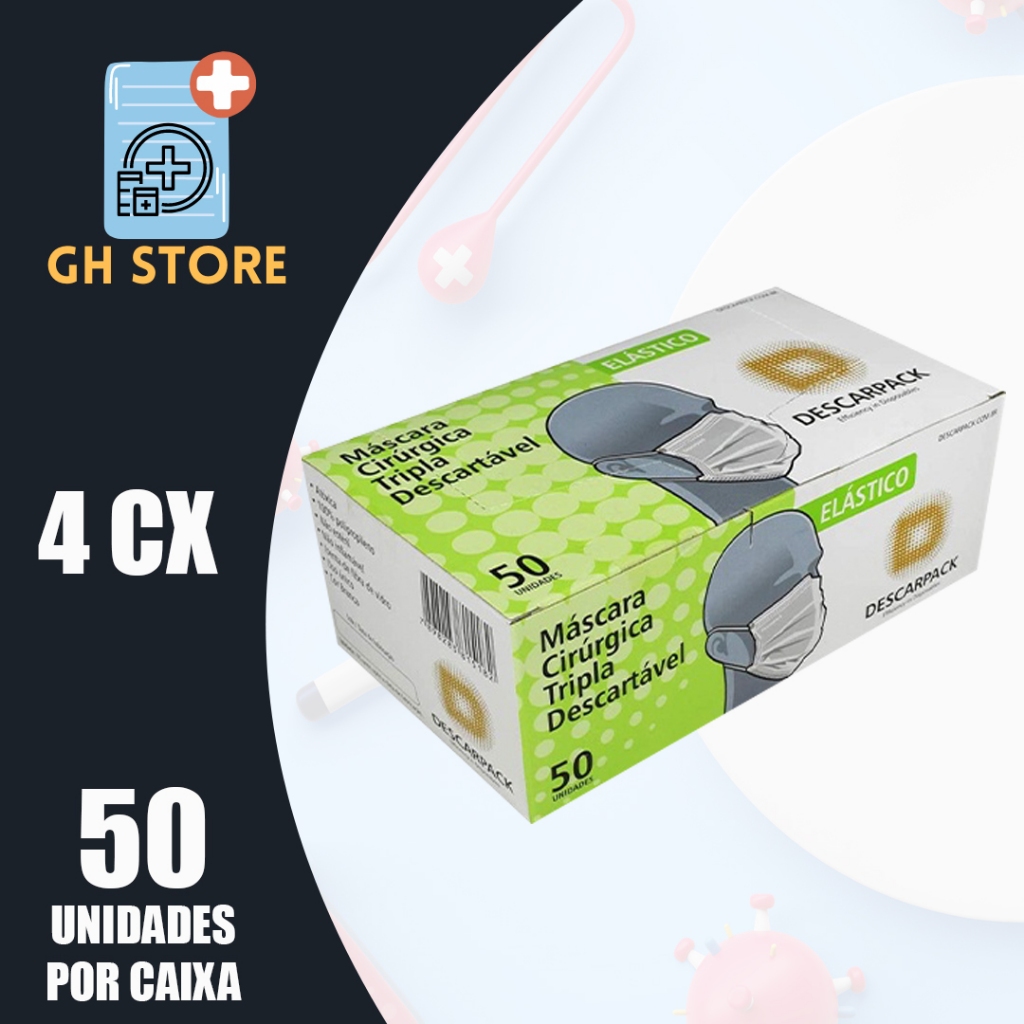 KIT 4CX Máscara Descartável Tripla, Branca, Clip Nasal, C/elástico - Descarpack