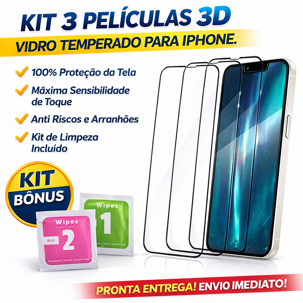 Kit 3 Película de Vidro Temperado 3D pra iPhone 11 12 13 14 15 16 17 Air Plus Pro Max