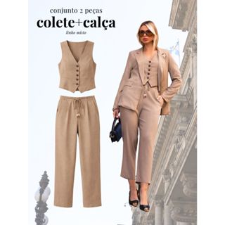 Conjunto 2 Peças em Linho Misto – Colete + Calça Cenoura em Oferta na Shopee