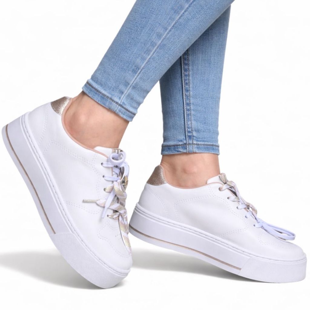 Tênis Feminino Ramarim Sola Alta Branco Cadarço Duplo Pingente Fashion 2597201-3