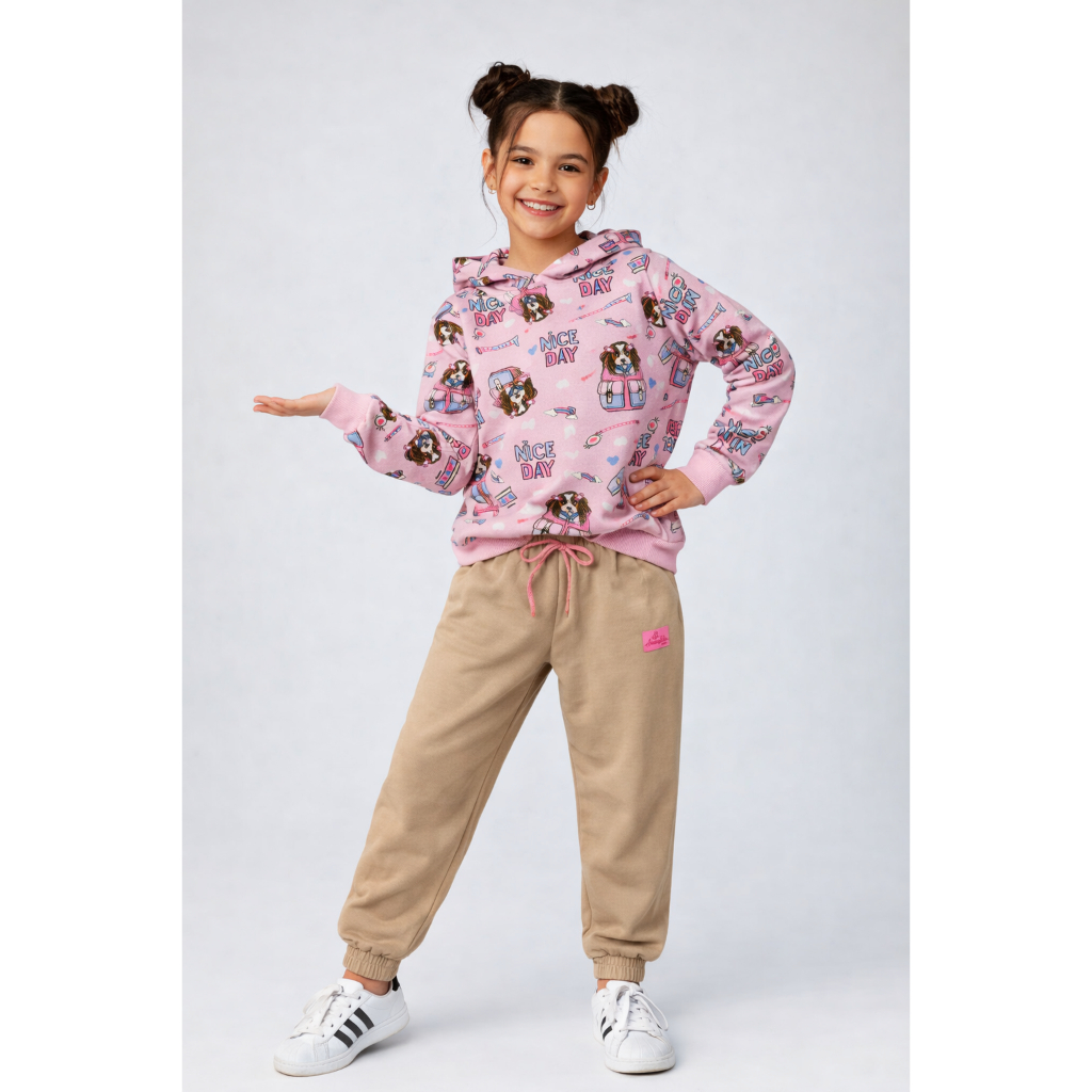 Conjunto Infantil Feminino Moletom Estampado com Capuz + Calça Moletom com Elástico Inverno l42