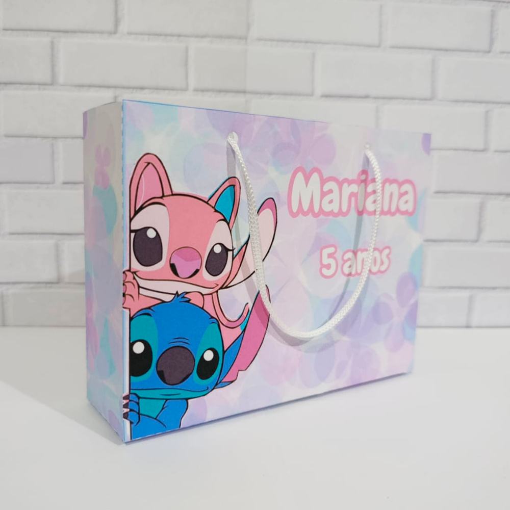 Sacolinha Stitch e Angel Personalizada Nome e Idade Festa Infantil Pegue e Monte