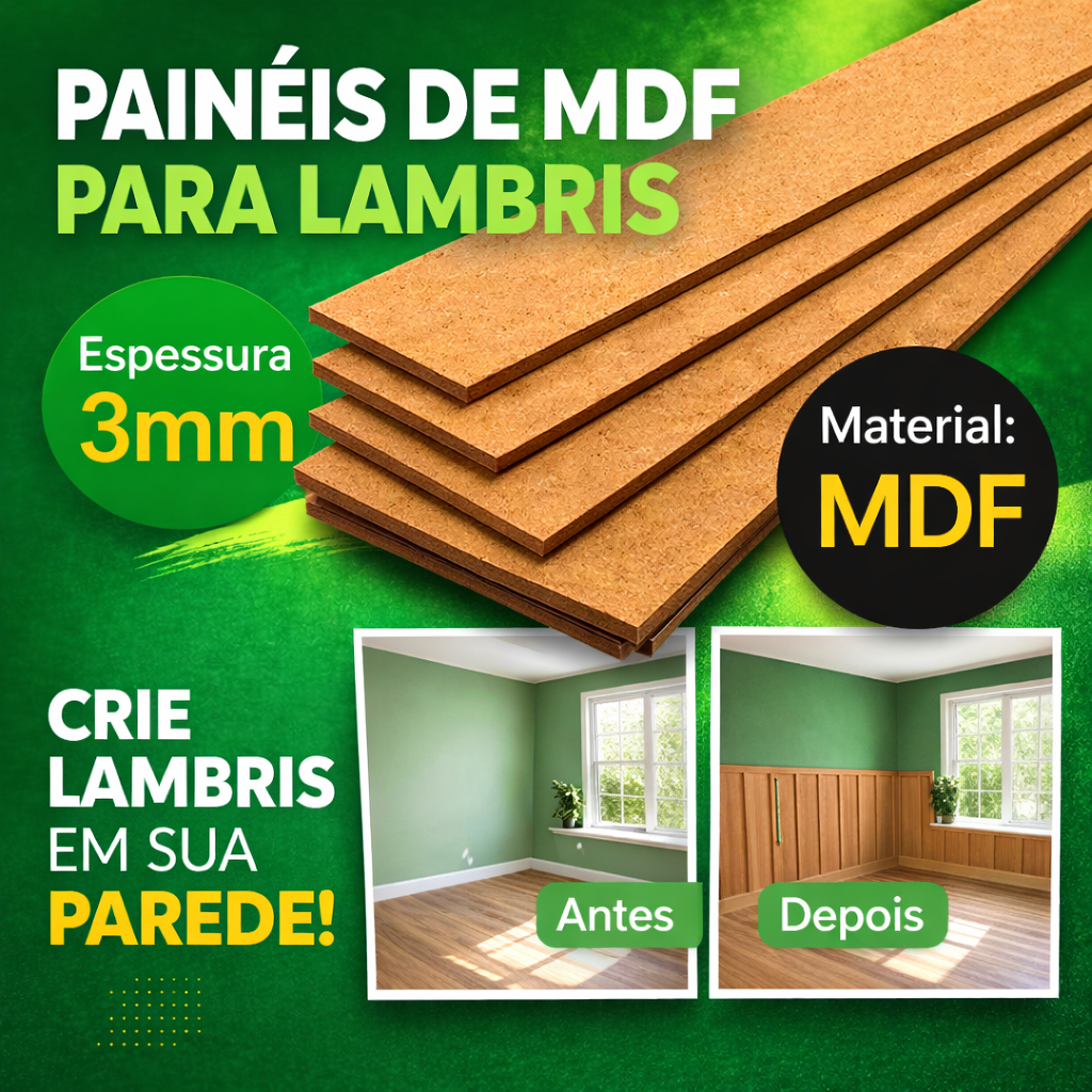Kit Revestimento de Parede MDF Ripado Shiplap Autocolante Frisado – Tiras 5cm x 1,20m 2,5mm