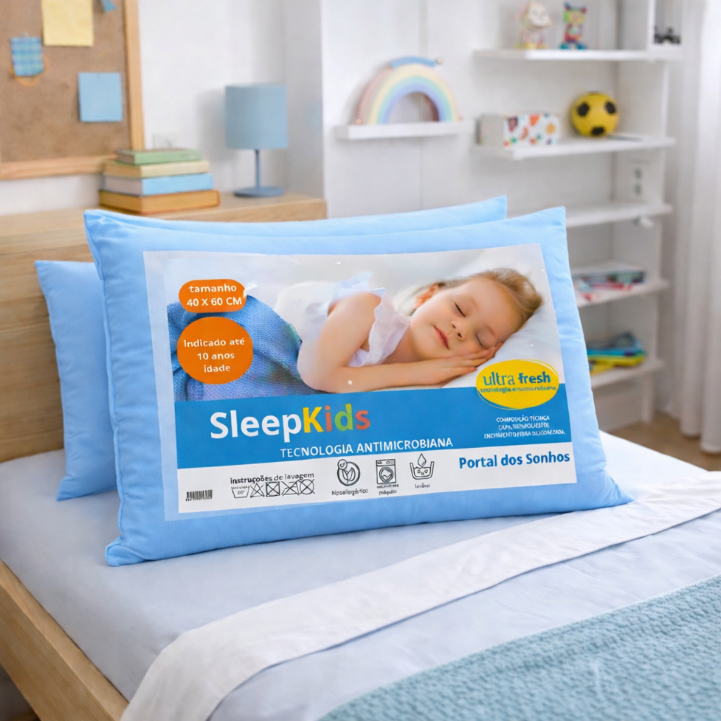 Travesseiro Infantil + Fronha Azul 40x60cm Micropercal 200 Fios Confrotável Antialérgico Para Criança