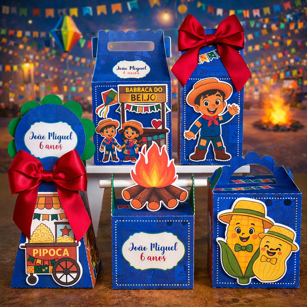 Kit Caixinhas Personalizadas Festa Junina Menino | Pegue e Monte | Lembrancinha Aniversário e Festa Infantil