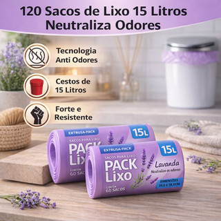 Kit 2 Rolos Lavanda 15 Litros 120 Sacos de Lixo Perfumados Neutraliza Odores 39x58