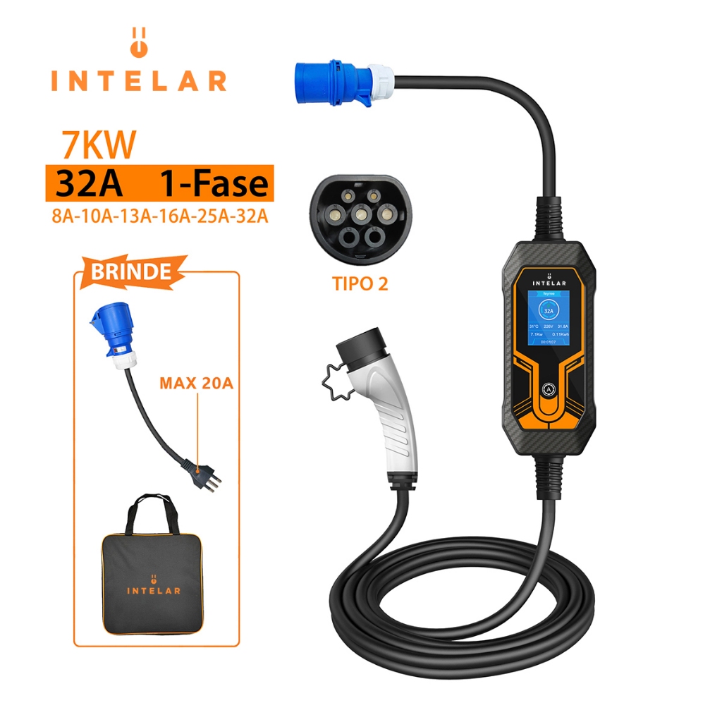 Carregador para Carro Elétrico Portátil Para Tesla Byd 7kw 32A 85-264V Type 2 Carros Elétricos e Híbridos 110V/220V