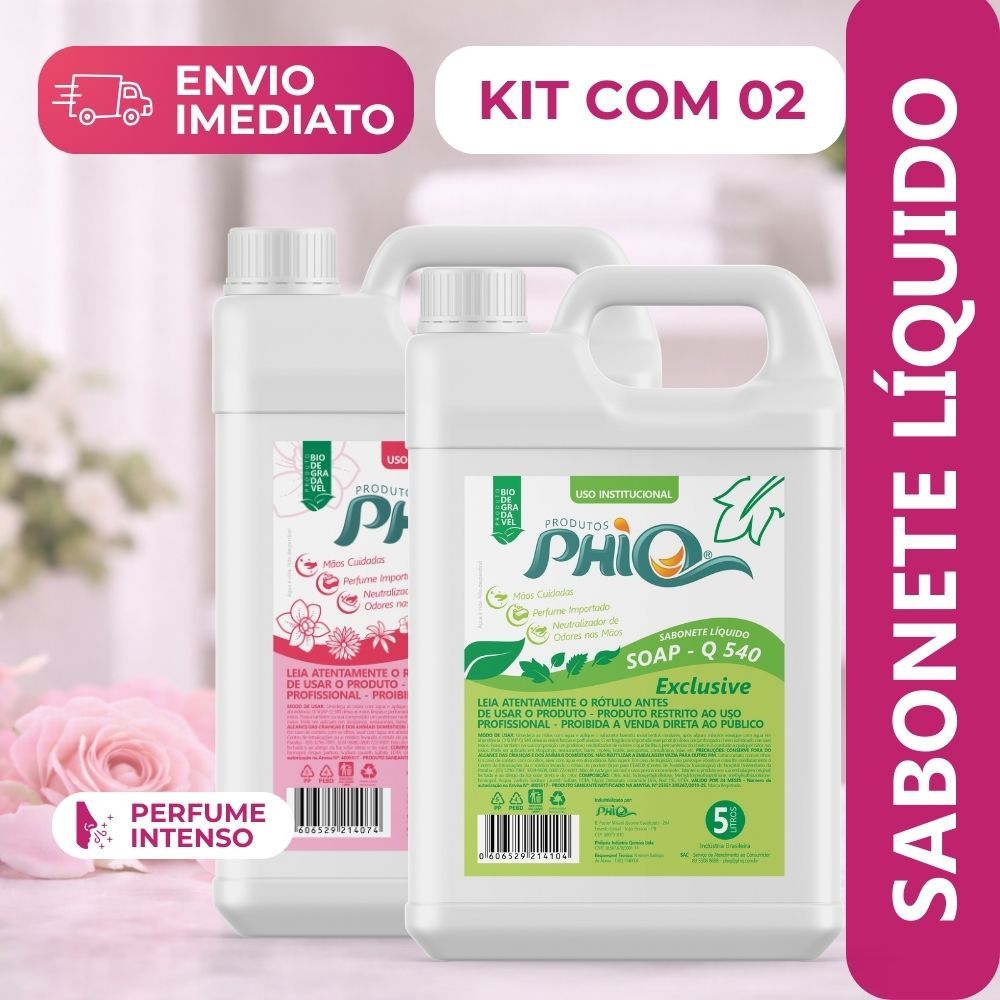 Kit 2 Sabonete Liquido 5LT Para Maos e Corpos Hidratante Perfume Intenso e Exclusive Perolado Premium