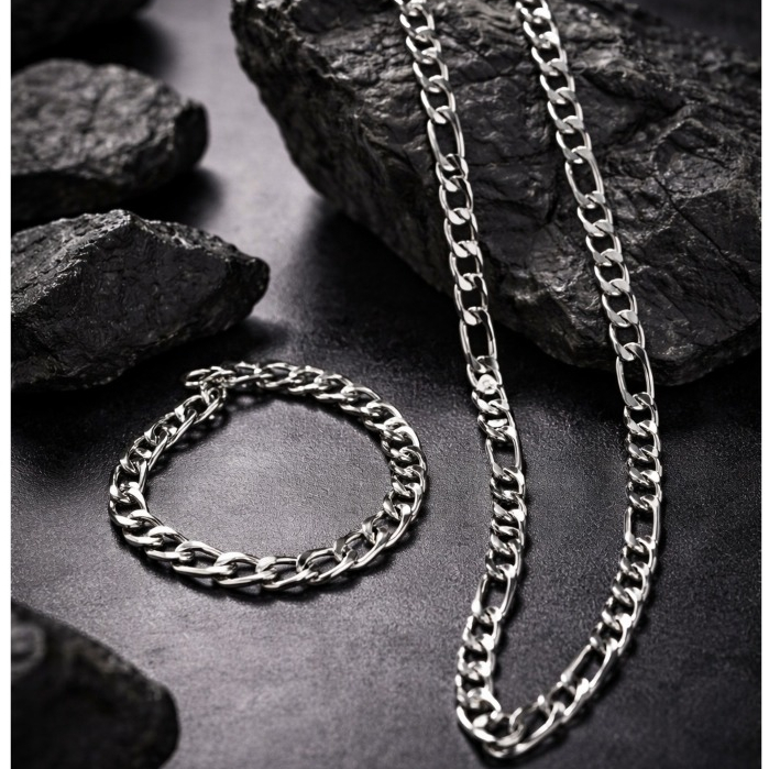 Detalhes do Kit Corrente Masculina Grossa 7mm Aço Inoxidável Colar 60cm + Pulseira Grossa Prata Estilo Cubana