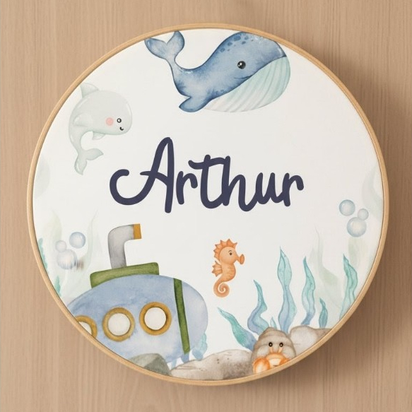 Porta Maternidade Fundo do Mar Aquarela Animais Marinhos Bastidor 30cm Nome Personalizado Quadro Bebê