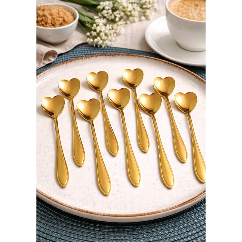 Kit 4/6/10 Colher Dourada de Coração para Chá Café Sobremesa de Aço Inoxidavel Mesa Posta em Oferta na Shopee