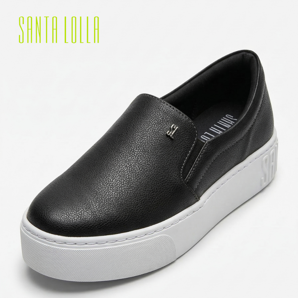 Tênis Slip On Santa Lolla Feminino Plataforma New Pele Preto Confortável