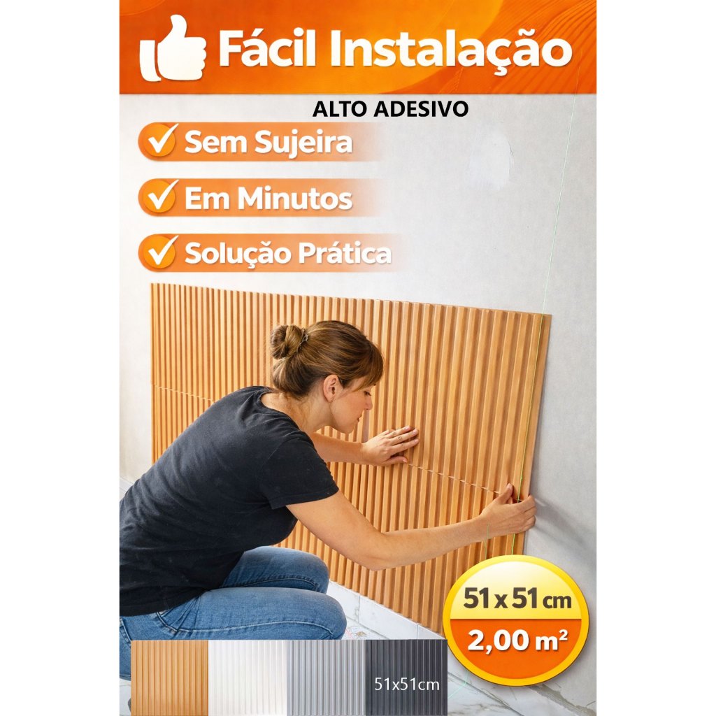 2 m² Kit C/ 08 Placas 3d 51x51 (alto adesivo) Revestimento Parede Alto Relevo Painel 3d Ripado
