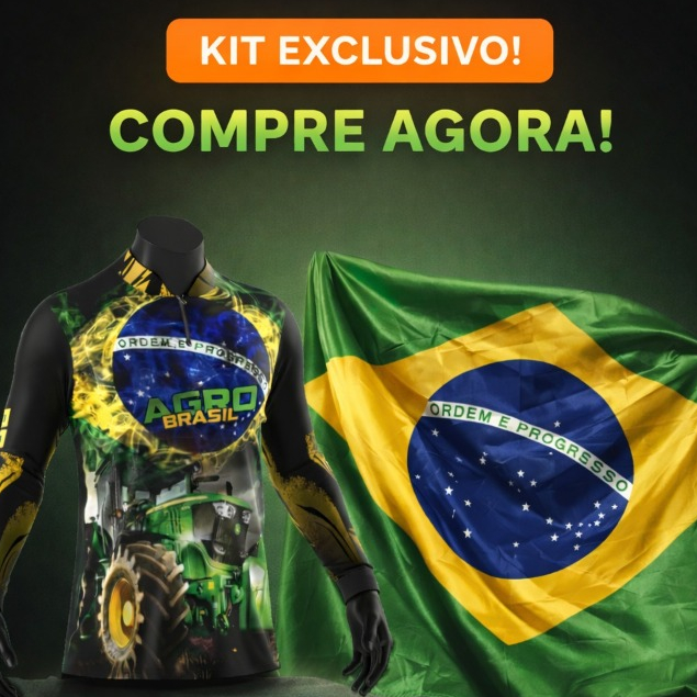 Kit com Camisa do Agro + Bandeira 1,90x1,30 UV Trator Proteção Solar Brasil Agropecuária Camiseta Bruto