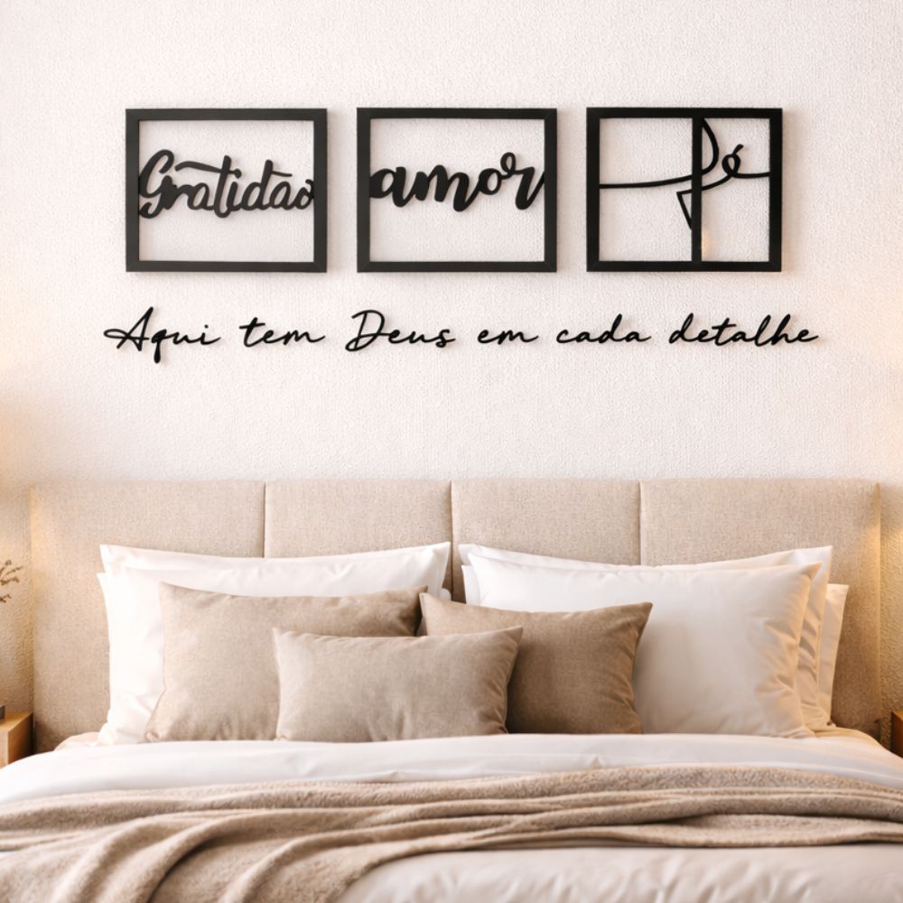 Kit 3 Quadros Cabeceira Gratidão Amor  Fé + Frases decorativas para paredes Religisosa Deus Sonho em Oferta na Shopee