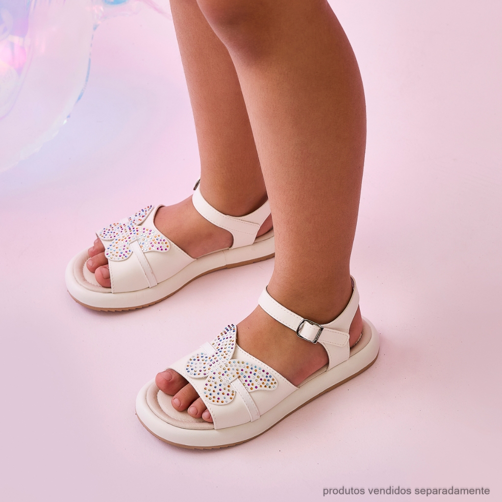 Sandália Infantil Flatform Borboleta em Strass Colorido Branca Pampili