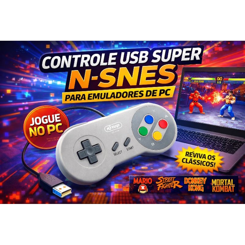 Controle Super Nintendo SNES USB Para PC Notebook Raspberry Knup KP-3124 Retro Gamer Envio Já