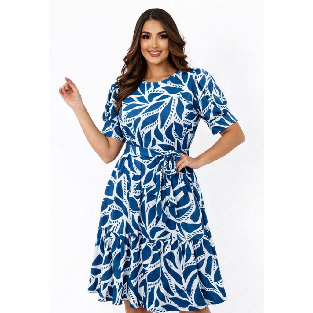 Vestido  Estampado Para Moda Evangelica De Babado, Saia Rodada E Manga Bufante em Oferta na Shopee