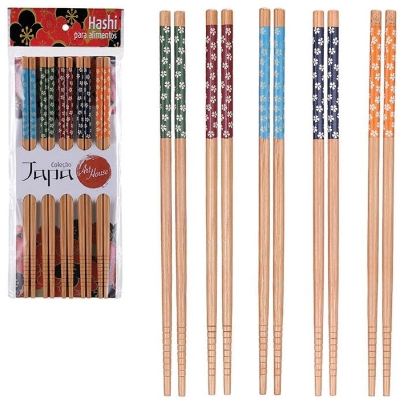 Hashi Bambu Decorado Kit 5 Pares Palitinho Japonês Reutilizável
