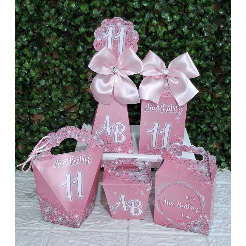 Kit Caixinhas 15 anos, Rosa/Prata. Lembrancinha Personalizada Aniversário (FAZEMOS TODAS IDADES)