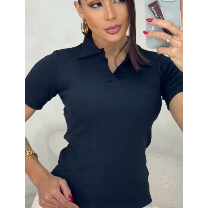 BLUSA GOLA POLO MODA FEMININA BÁSICO CASUAL SOCIAL TRABALHO RIBANA ALGODÃO MANGUINHA VERÃO DIA A DIA ELEGANTE