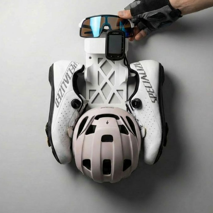 Organizador Ciclista Premium 4 em 1 - Suporte de Parede (Capacete, Sapatilha, GPS, Óculos)