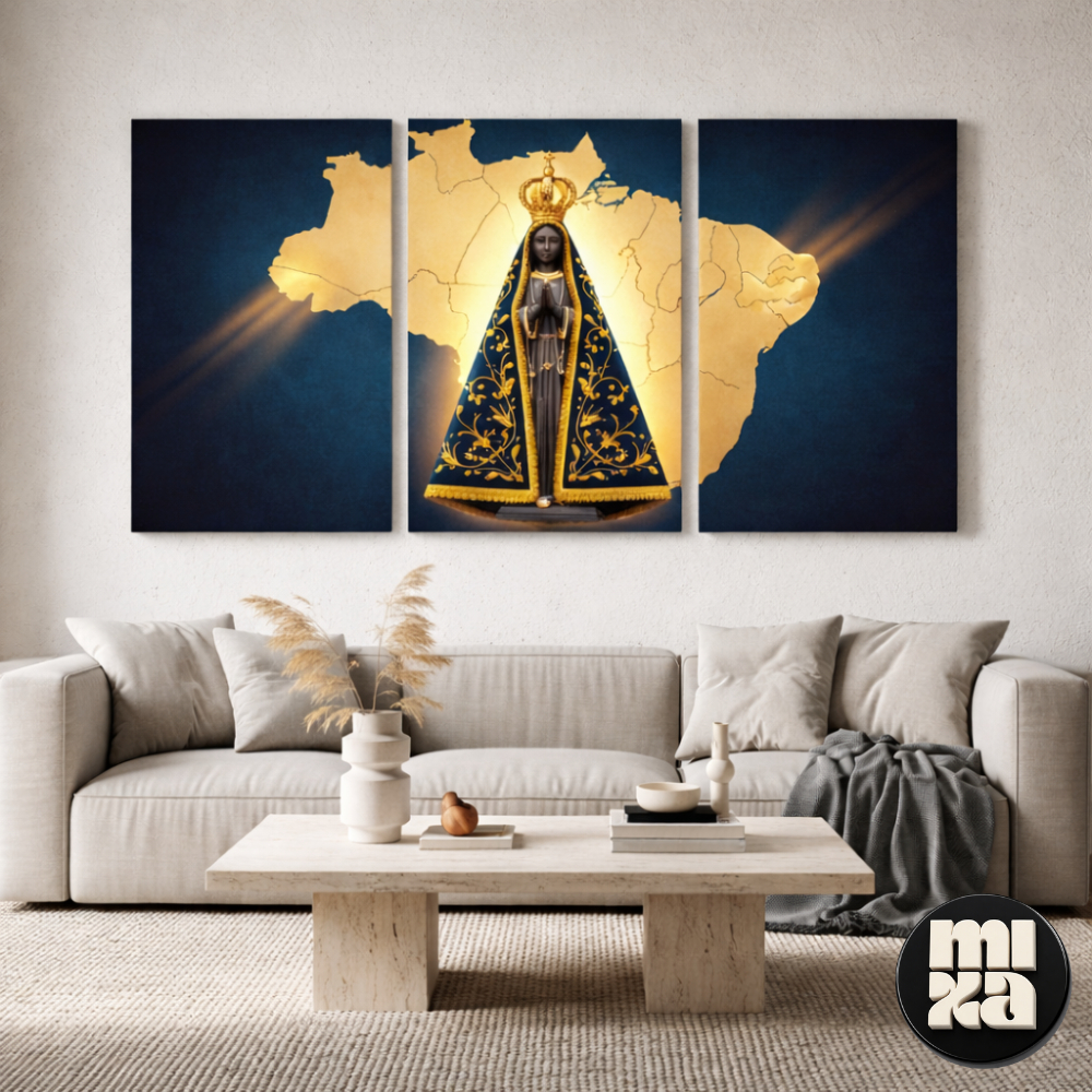 Quadro Decorativo Nossa Senhora Aparecida Brasil 3 Peças Quadro Religioso Católico Tríptico Dourado