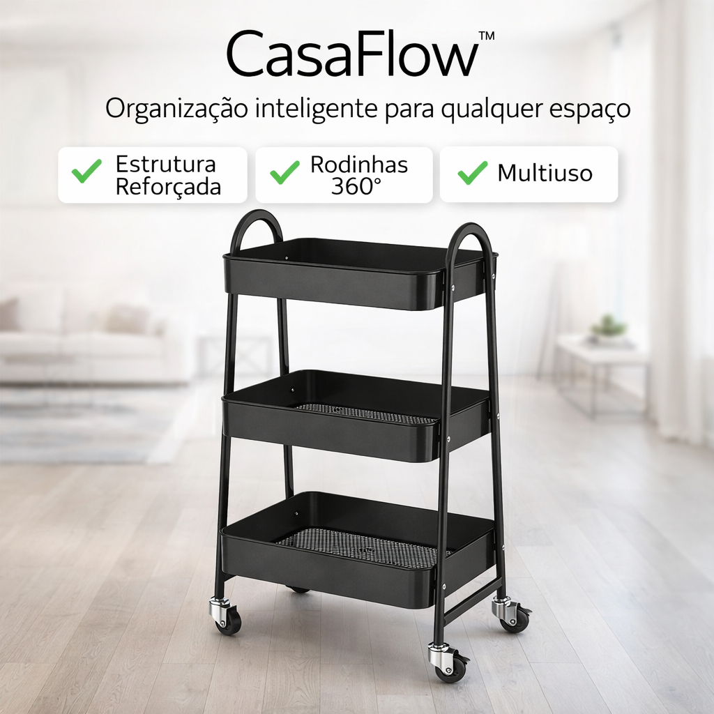 Carrinho Organizador Multiuso 3 Prateleiras com Rodinhas Metal CasaFlow™ Estante Cozinha Banheiro Lavanderia Escritório