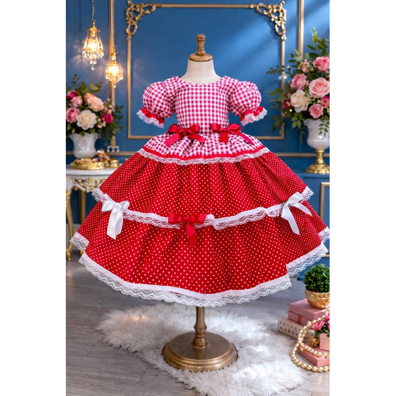Vestido Festa Junina Infantil Quadrilha São João Caipira Bolofofo Caipirinha Super Luxo