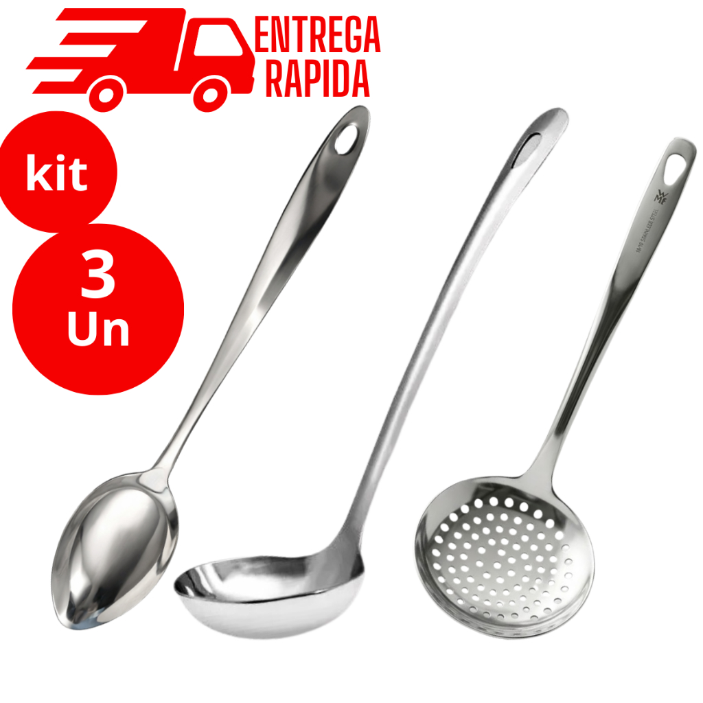 Kit Utensílio Cozinha 3 Pças Aço Inox Concha Colher Arroz Escumadeira Fritura Espumadeira Resistente