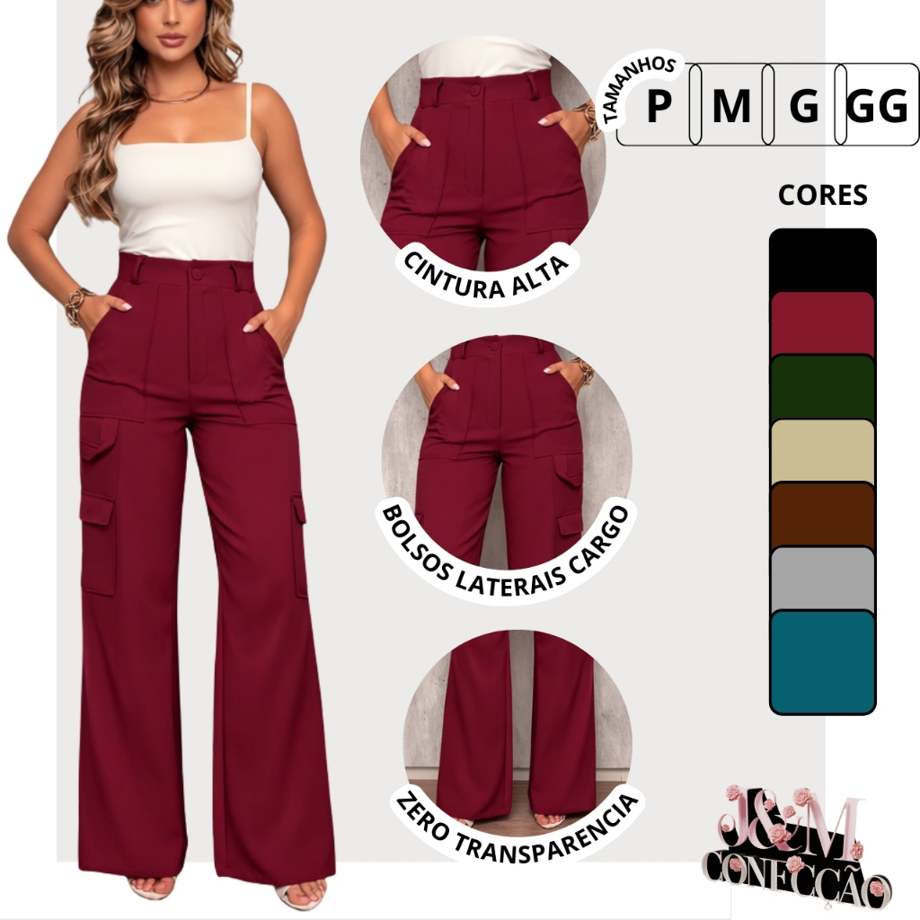 Calça Alfaiataria Social Feminina Pantalona Cargo Wide Leg Bolsos Cós Alto Calça Feminina Elegante