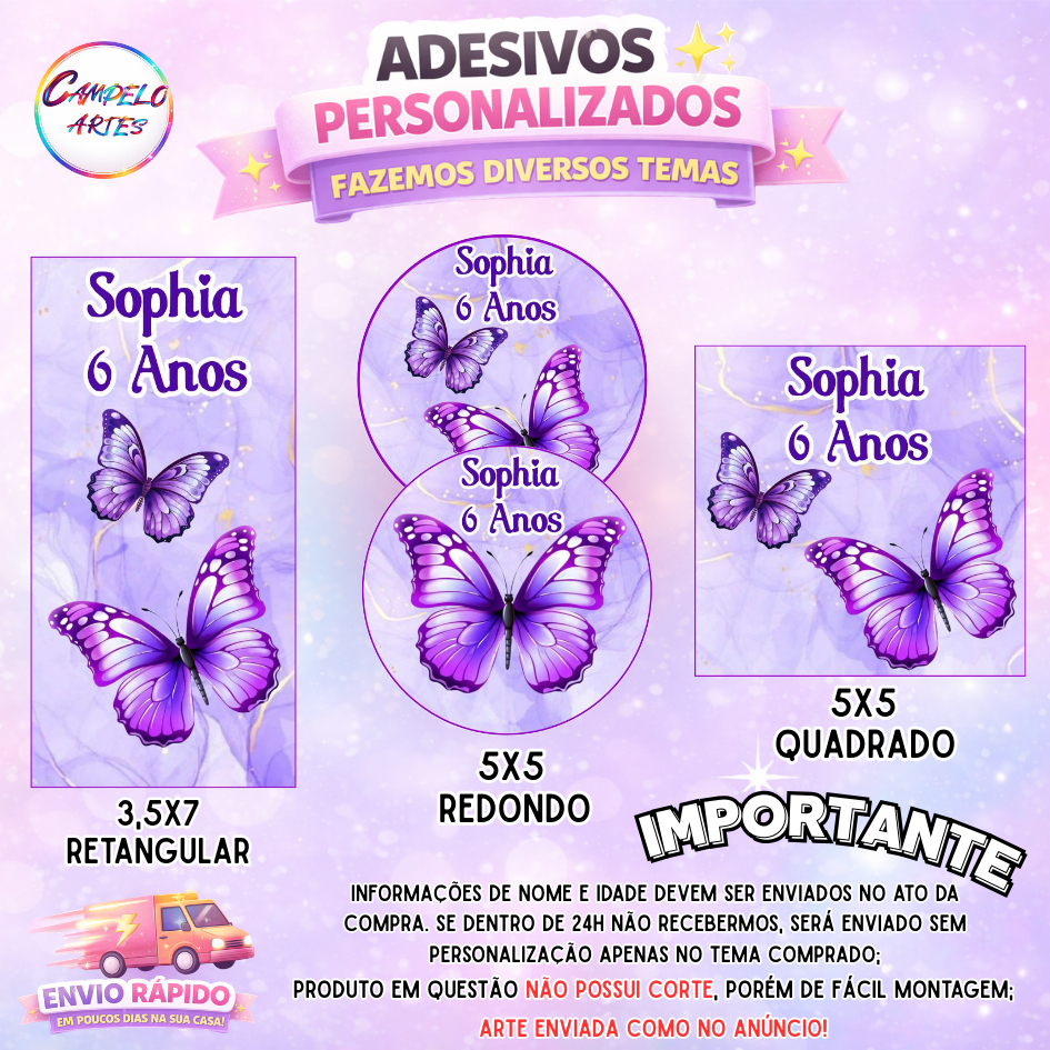 40~120 ADESIVOS PERSONALIZADOS COM NOME E IDADE PARA LEMBRANCINHAS - TEMA: BORBOLETA