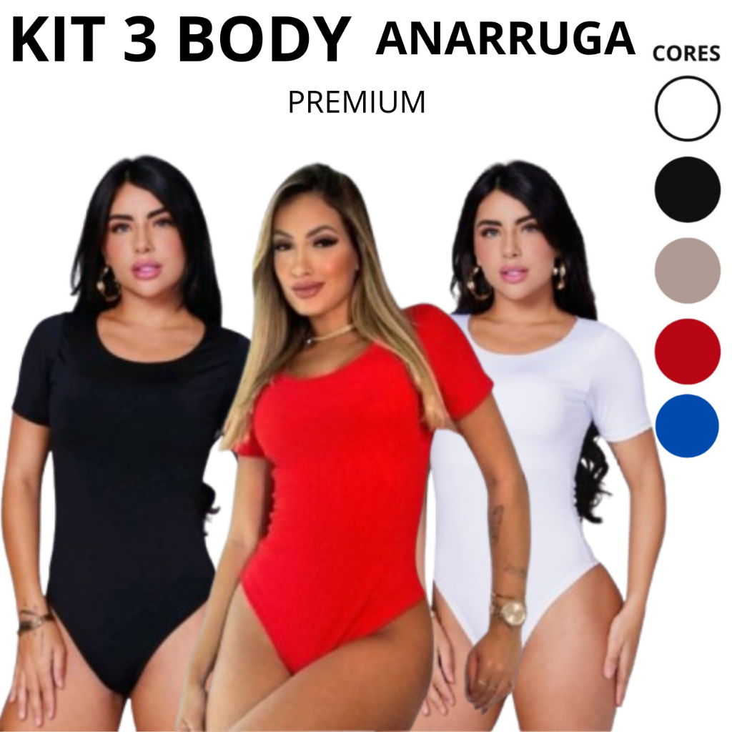 Kit 3 Body Manga Curta Canelado Feminino Atoalhado Anaruga Manguinha Premium Elastano em Oferta na Shopee
