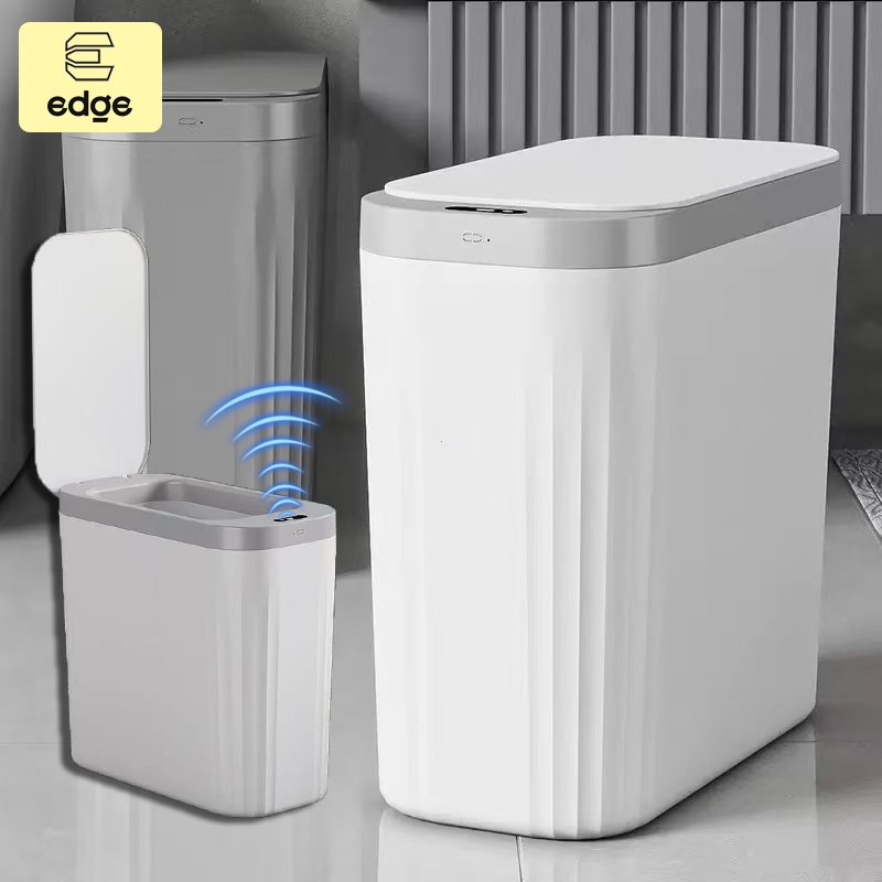 Lixeira inteligente com sensor, design slim à prova d'água IPX5, ideal para quarto, banheiro e cozinha.