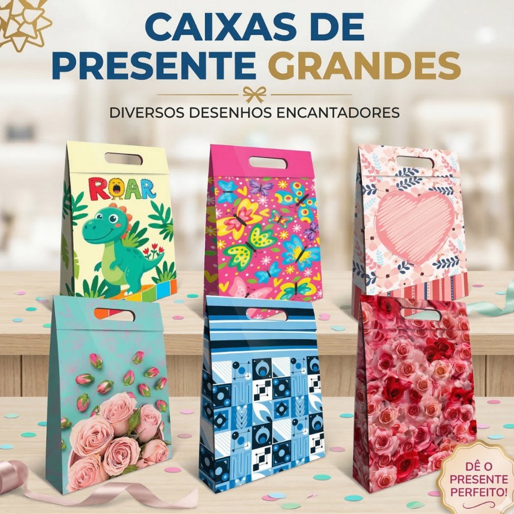 Kit 12/24 ou 36 Sacolas Triângulo Grandes Para Presente 32x22x9cm Estampadas Caixa Papel Triplex Resistente
