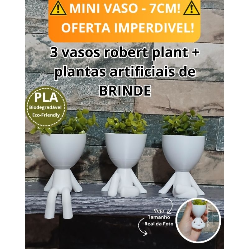 Mini vaso robert plant 7cm kit 3 unidades com Plantas Artificiais decoração
