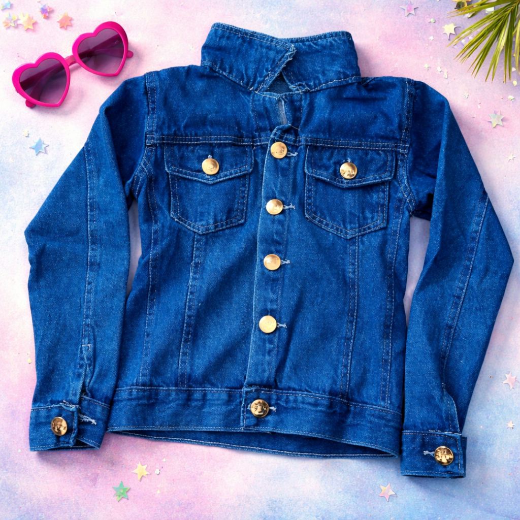 Jaqueta jeans infantil juvenil feminina com bolsos manga comprida brim