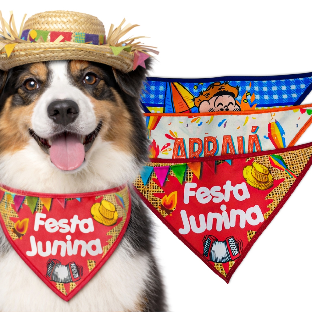 Bandana Pet Festa Junina Macho ou Fêmea 10 a 50 Unidades Pet Shop Estampadas Banho E Tosa Laços